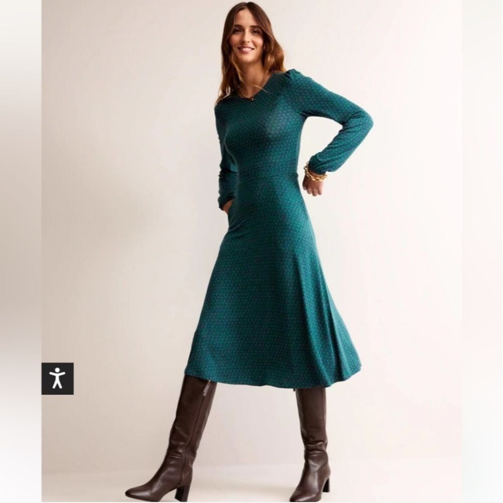 Boden Teal Long-Sleeve Midi Dress with Subtle Print